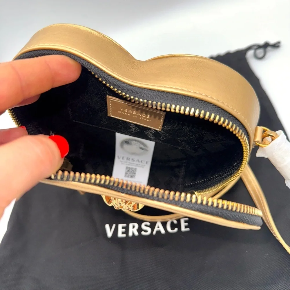 NWT Versace Heart Medusa Crossbody Strap Bag Gold Leather Kids Purse Logo Plaque
